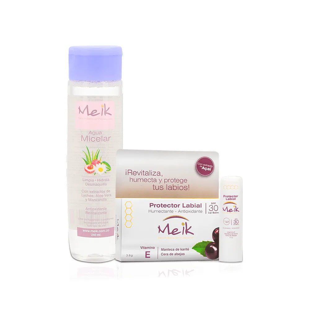 Experimenta el cuidado completo con el Kit de Agua Micelar Meik y Protector Labial Meik, ahora disponible en DermaBella. Este dúo de productos esencial ofrece una limpieza suave y una protección labial duradera para mantenerte fresco y protegido durante todo el día.