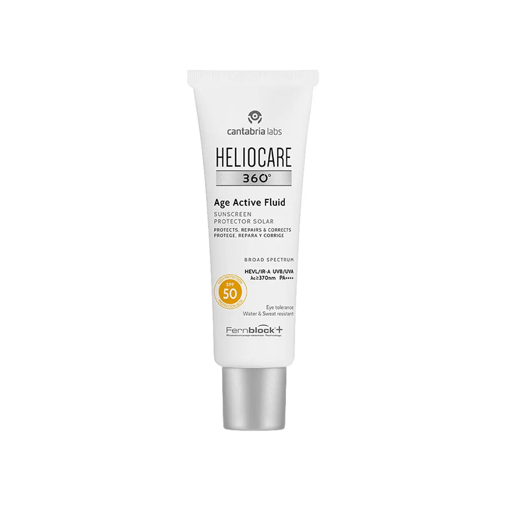 Este fluido activo anti-envejecimiento combina una potente protección solar con beneficios antienvejecimiento. Con un SPF 50, Heliocare 360 Age Active Fluid brinda una defensa efectiva contra los dañinos rayos UVA y UVB, ayudando a prevenir el envejecimiento prematuro de la piel y reduciendo el riesgo de daños causados por el sol.