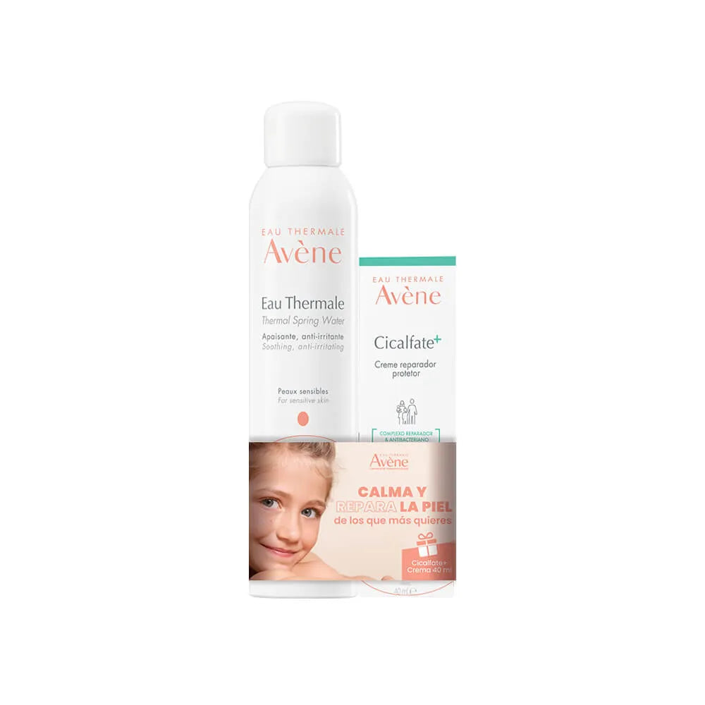 Avène de 300 ml y Cicalfate de 40 ml, disponible exclusivamente en DermaBella. Este dúo ofrece una hidratación suave y reparación cutánea para mantener tu piel equilibrada y protegida.