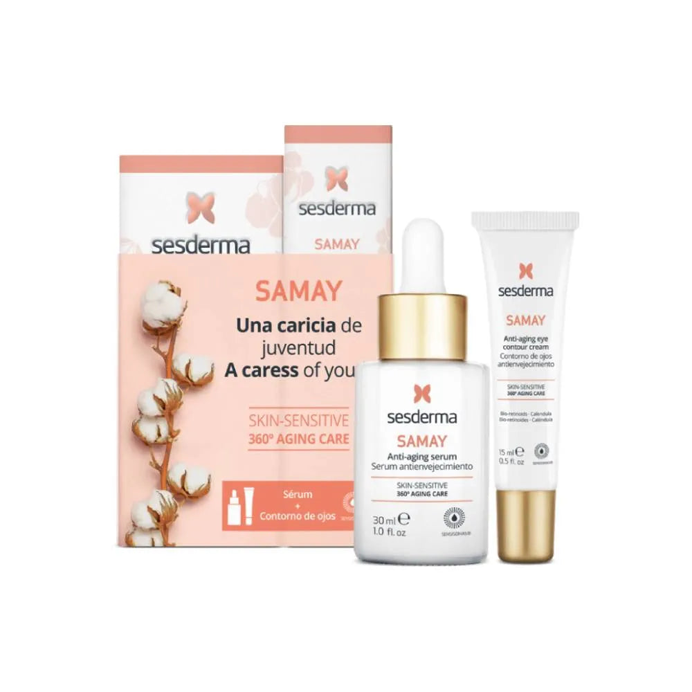 Kit imperdible de la marca de Sesderma donde por la compra de Samay Serum le obsequiamos totalmente GRATIS Samay Contorno De Ojos, un tratamiento para hidratar, calmar y combatir las arrugas de las pieles sensibles, reactivas e intolerantes.