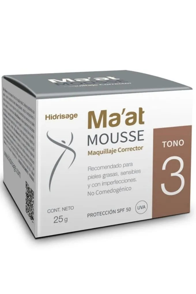 Hidrisage Ma’at Mousse Maquillaje Corrector SPF 50, está libre de filtros químicos, formulado con una combinación de ingredientes con tecnología patentada y certificación ECOCERT que permite obtener un FPS 50 y protección contra los rayos UVA. Ma’at Mousse mejora el aspecto de la piel, cubre imperfecciones, controla la formación de puntos negros, brindando un acabado natural y mate, sin brillo. Su textura es agradable y de fácil aplicación, dejando la piel hidratada y con un acabado aterciopelado.