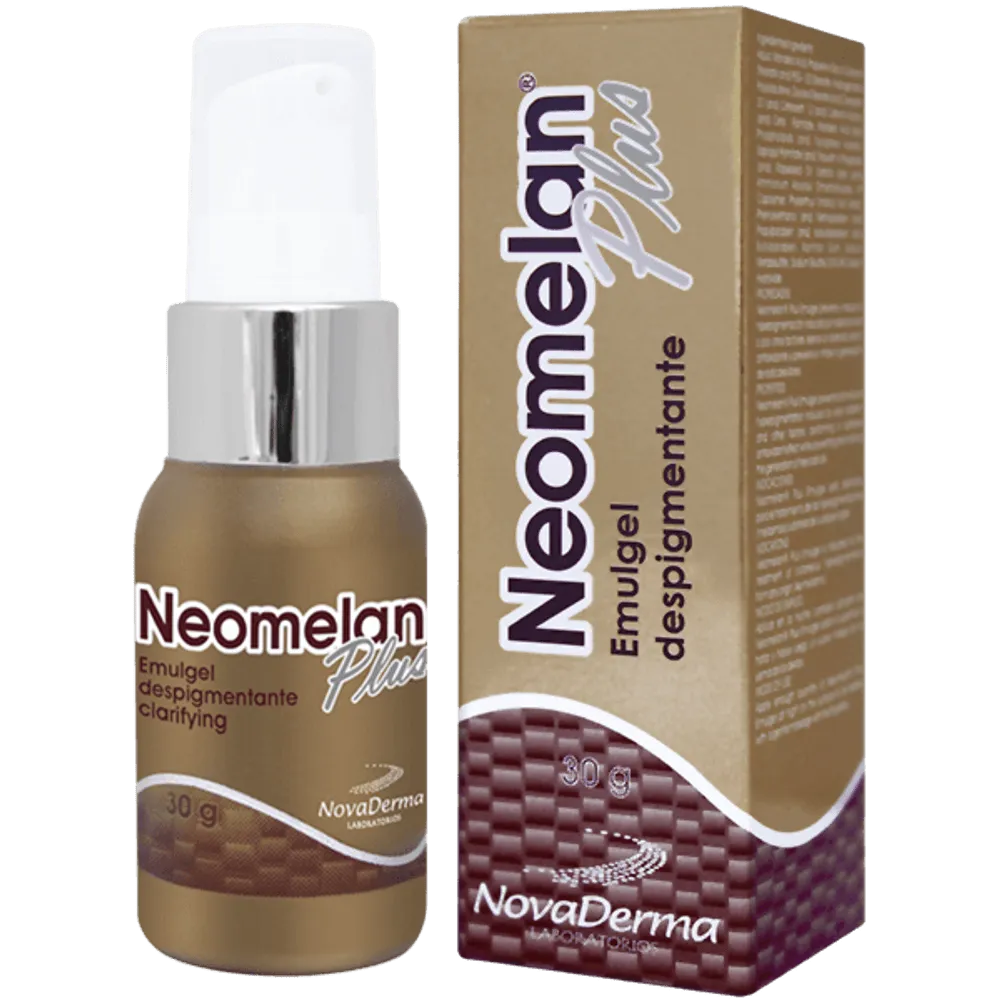 Neomelán® Plus, emulgel despigmentante y antioxidante que aclara y reduce la intensidad de las hiperpigmentaciones en piel producidas por diferentes factores como: radiación solar, melasmas generados por cambios hormonales durante el embarazo y la menopausia, manchas residuales como consecuencia de tratamientos del acné, etc. Neomelan® Plus combina Emblica® y Acido Mandélico libre y liposomado, responsables de dar un efecto aclarante, antioxidante y exfoliante en la piel.